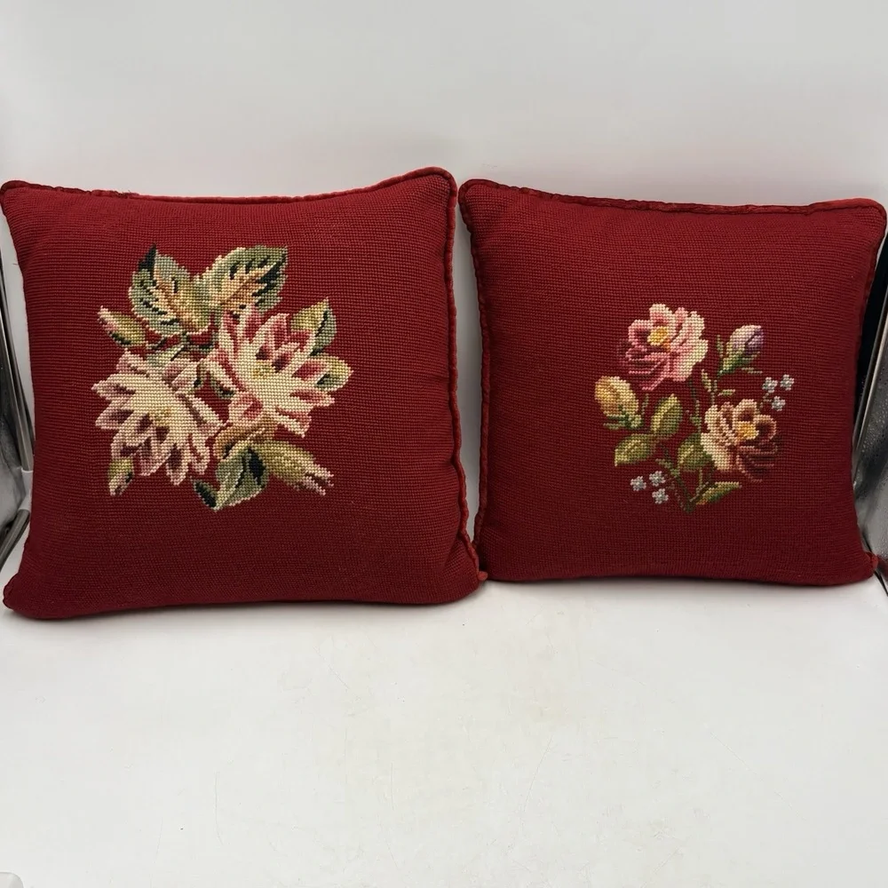 VTG Needlepoint Throw Pillows Burgundy Red Velvet Floral Handmade 14
